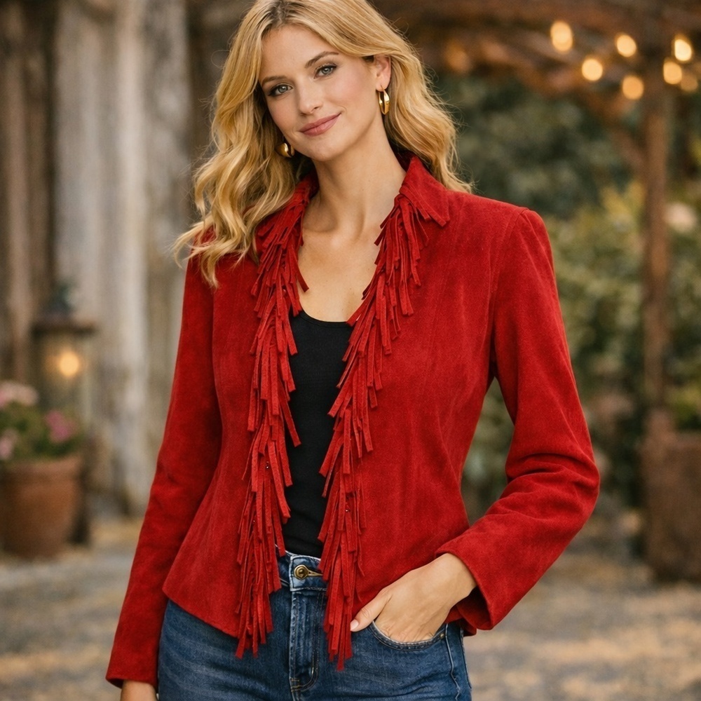 Vintage Dialogue Red Suede Fringe Jacket Size XS Western Boho Style